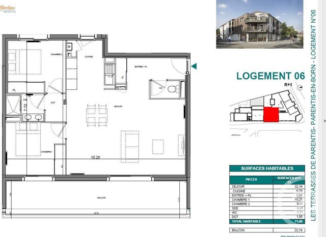 Appartement T3 à vendre - 3 pièces - 71.69 m2 - PARENTIS EN BORN - 40 - AQUITAINE - Century 21 Group Immo